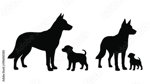 Silhouettes of a german shepherd family mother father and two puppies