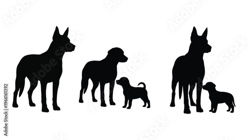 Silhouettes of four dogs varying in size stand in a simple arrangement