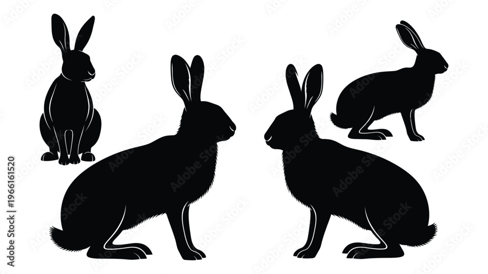 Obraz premium Black silhouettes of four rabbits in various sitting and alert poses