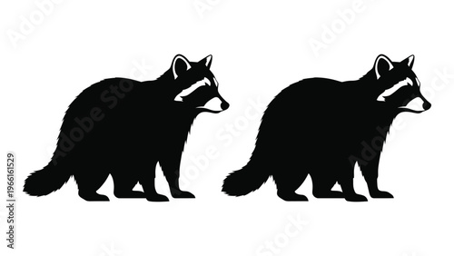 Two black silhouettes of raccoons standing side by side in a minimalist style