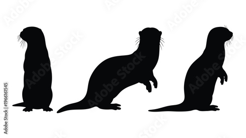 Three black silhouettes of otters in varying upright poses against a white background