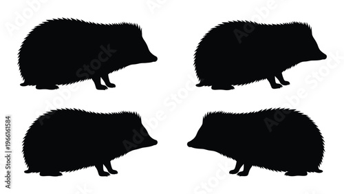 Four silhouettes of hedgehogs depicted in varying poses against a white background