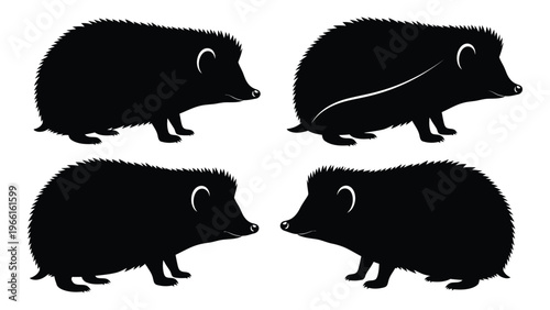 Four black silhouettes of hedgehogs in various poses and orientations