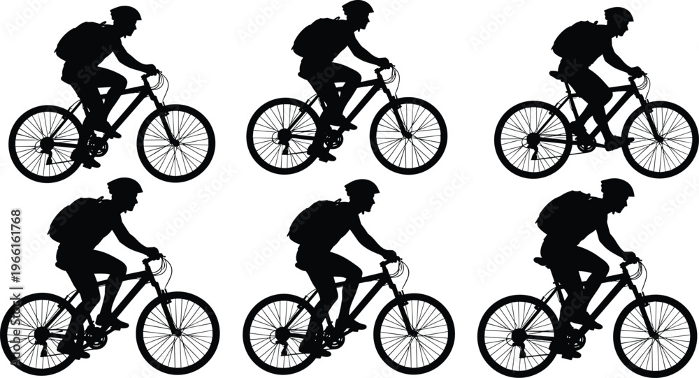 Obraz premium Set of six male cyclist silhouettes riding mountain bikes with backpacks, bicycle riders in various positions isolated on white background, vector