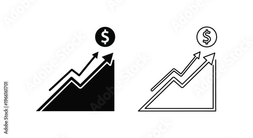 Two black and white line graphs with dollar signs and arrows pointing up Vector