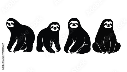 Four black silhouettes of sloths in various sitting and hanging positions