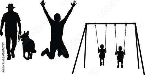 Set of silhouettes featuring man walking dog, person jumping for joy, and children playing on swings for outdoor lifestyle concepts.