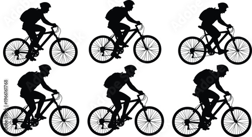 Set of six male cyclist silhouettes riding mountain bikes with backpacks, bicycle riders in various positions isolated on white background, vector