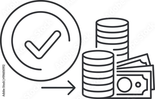 Financial success checkmark to coins isolated on transparent background