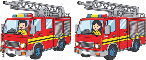 Set of two red fire truck illustrations featuring a male and female firefighter driving, side by side on white background