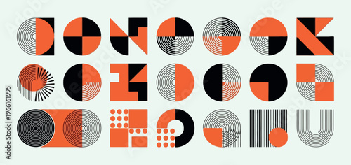 Bauhaus style geometric icons set, abstract orange and black minimalist shapes, 21 vector elements for modern branding and graphic design