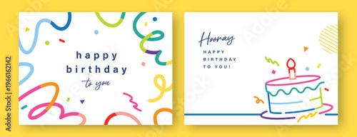 Birthday card pair with cake, candle, confetti and playful abstract line in flat geometric style, colorful greeting template collection on white background for joyful party celebration.