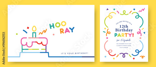 Hooray birthday banner and party card set with cake, candle, confetti and playful typography in flat geometric style, colorful greeting template design on a clean white background.