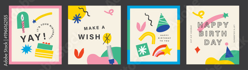 Birthday card collection with rainbow, cake, gift, candle and confetti in flat geometric style, colorful greeting, poster and invitation template set for joyful birthday party celebration