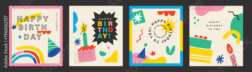 Birthday card collection with rainbow, cake, gift, candle and confetti in flat geometric style, colorful greeting, poster and invitation template set for cheerful party celebration.