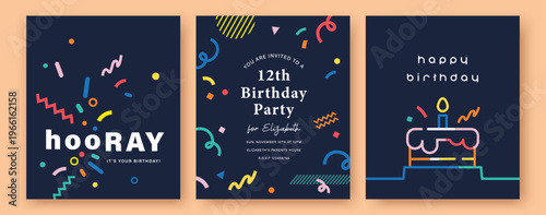 Hooray birthday card collection with cake, candle, confetti and typography in flat geometric style, colorful celebration poster set on dark navy background for greeting or invitation design.