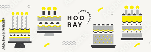 Hooray birthday banner with cake, candle and confetti in minimal geometric style, monochrome yellow and gray celebration design on white background for greeting card, poster or party invite.