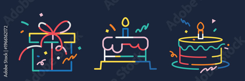 Birthday party set featuring gift box, cake, and candles in colorful minimal line art style with playful confetti elements on a dark background for a festive vibe.