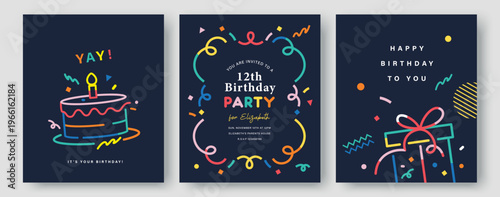 Set of three birthday greeting cards with fun typography, candles, cake, and colorful patterns, perfect for celebrations and invitations in a modern playful style