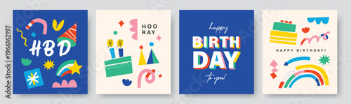Happy birthday card set, poster and greeting template with cake, rainbow, candle, confetti and typography in colorful flat geometric style for festive party celebration design on white