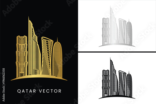 Qatar City Vector Illusration, Gold, Silver, Black and White