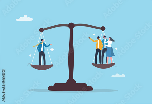 Full time or contractor decision, worker or employee equality, salary or wages pay check, responsibility, staff capability judgement, efficiency concept, business people balance on scale