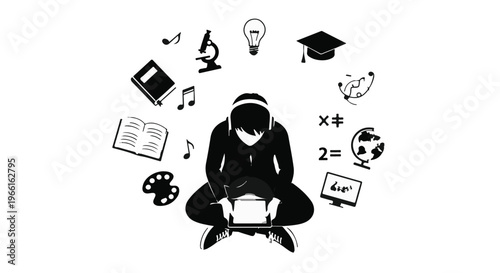 Young student sitting surrounded by education learning icons and symbols, representing knowledge and creativity in modern digital age
