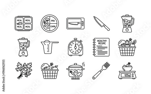 Healthy meal preparation icons for cooking and nutrition planning