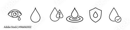 Water drop and hygiene outline icon set featuring clean liquid care and protection shield for environment resource more vector illustration on editable stroke.