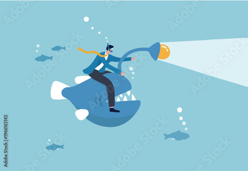 Business discovery, spotlight to guide success direction to find new opportunity, deep dive analysis or leadership challenge way, businessman riding angler fish with spotlight to search