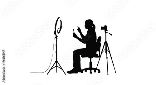 Silhouette of young woman recording video on smartphone with ring light and camera on tripod in studio setting for social media content creation