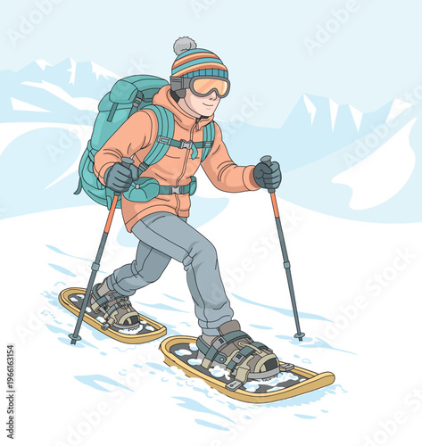 Snowshoe Hiker Trekking in Winter Mountains Vector Illustration
