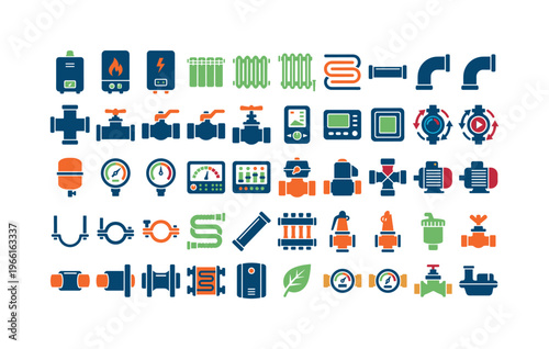 Collection of heating system components and tools, presented as icons