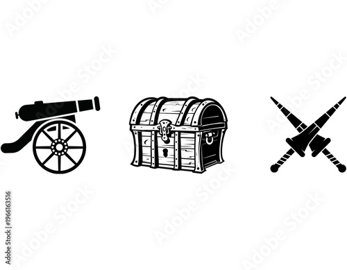 Black and white silhouettes of a cannon, a treasure chest, and crossed swords, representing adventure and historical themes.