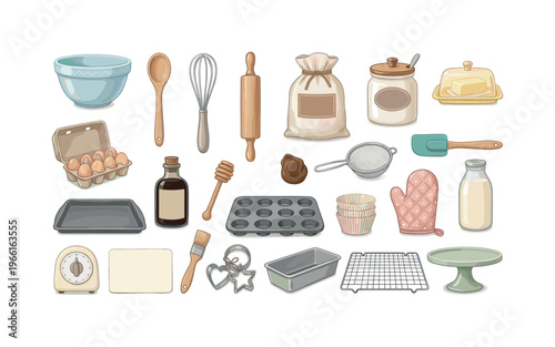 Collection of baking tools and ingredients for homemade treats and desserts
