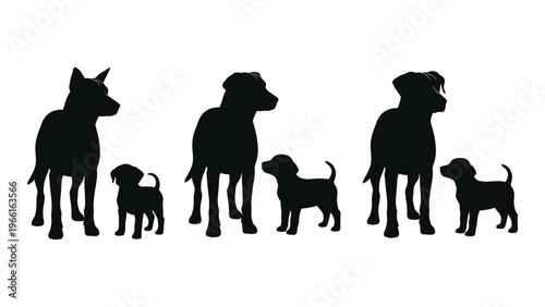 Silhouettes of dogs in varying sizes presented in a linear arrangement