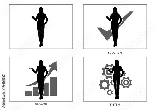 指を差すビジネスウーマンのシルエット チェックマーク・成長グラフ・歯車のセット 解決と自信のコンセプト