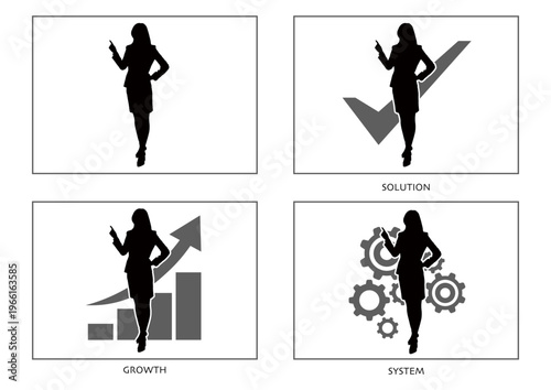 指を差すビジネスウーマンのシルエット チェックマーク・成長グラフ・歯車のセット 解決と自信のコンセプト
