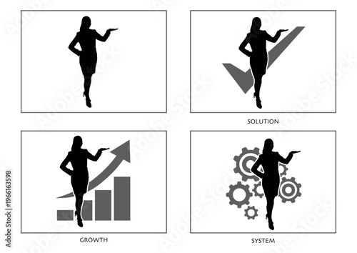 指を差すビジネスウーマンのシルエット チェックマーク・成長グラフ・歯車のセット 解決と自信のコンセプト