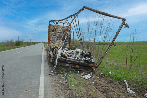 Truck and Trailer Destroyed in Fire on Side of the Road in Romania