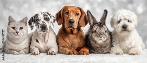 Adorable pet lineup on white background with cat dalmatian dog basset hound rabbit and small fluffy dog group portrait