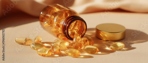 Golden softgel capsules spilling from amber bottle vitamin supplement concept on warm background