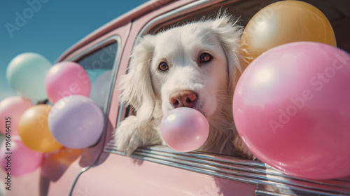 White dog in car window surrounded by colorful balloons fun birthday party travel concept