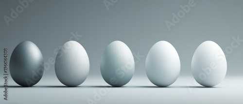 Minimal row of neutral eggs in gradient tones on gray background modern still life