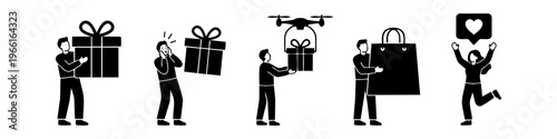 Collection of minimalist black icons showing people with oversized gifts, shopping bags, and drone delivery. Ideal for e-commerce, holiday marketing, and gift-giving concepts.