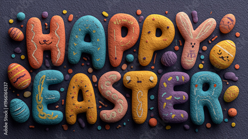 Colorful cookie style Happy Easter lettering with decorated eggs festive holiday background