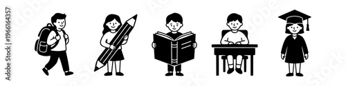 Set of minimalist school children icons showing educational stages: walking with backpack, holding large pencil, reading book, sitting at desk, and graduating. Clean black and white vector art.