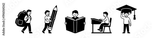 Set of black and white minimalist school icons depicting a boy's educational journey from carrying a backpack to graduation. Perfect for student and academic themed design projects.