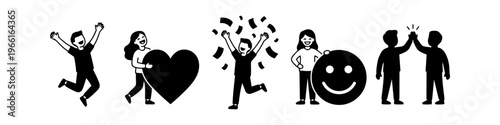 Set of minimalist black silhouettes depicting positive human emotions like joy, success, love, and teamwork. Illustrations of people celebrating, jumping, and sharing happiness.