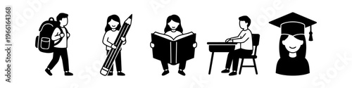 Set of minimalist black and white education icons showing the student journey from starting school with a backpack to graduation day. Ideal for academic infographics and school designs.